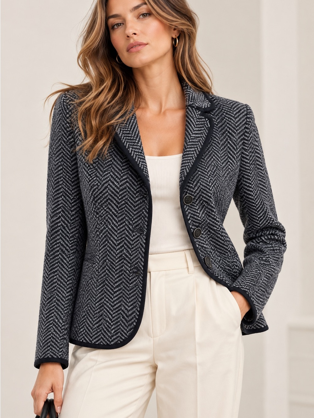 $169 NWT Talbots Herringbone Sweater Blazer Jacket Black Gray Knit Cardigan XL